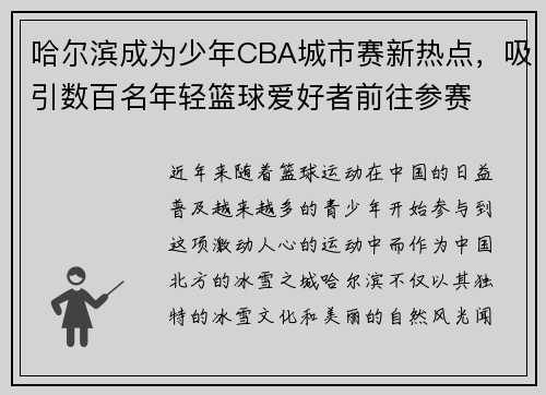 哈尔滨成为少年CBA城市赛新热点，吸引数百名年轻篮球爱好者前往参赛