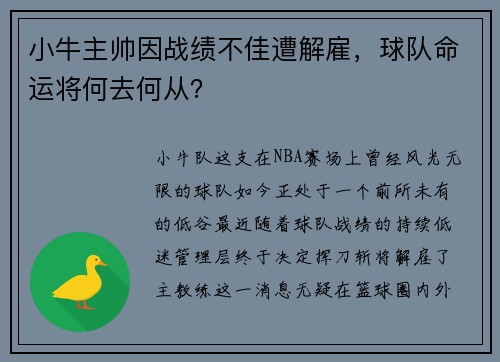 小牛主帅因战绩不佳遭解雇，球队命运将何去何从？