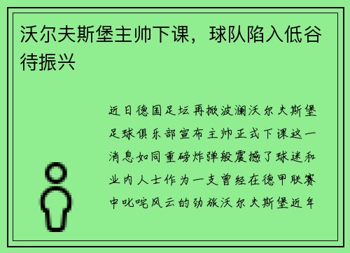 沃尔夫斯堡主帅下课，球队陷入低谷待振兴