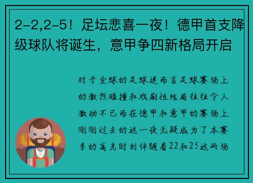 2-2,2-5！足坛悲喜一夜！德甲首支降级球队将诞生，意甲争四新格局开启 - 副本